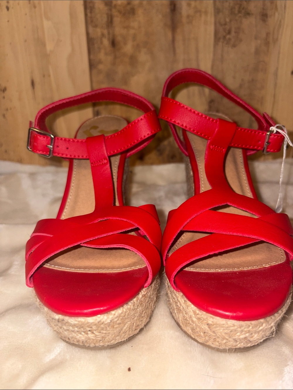#136 Report Red Espadrille Wedge Sandals with Ankle Strap